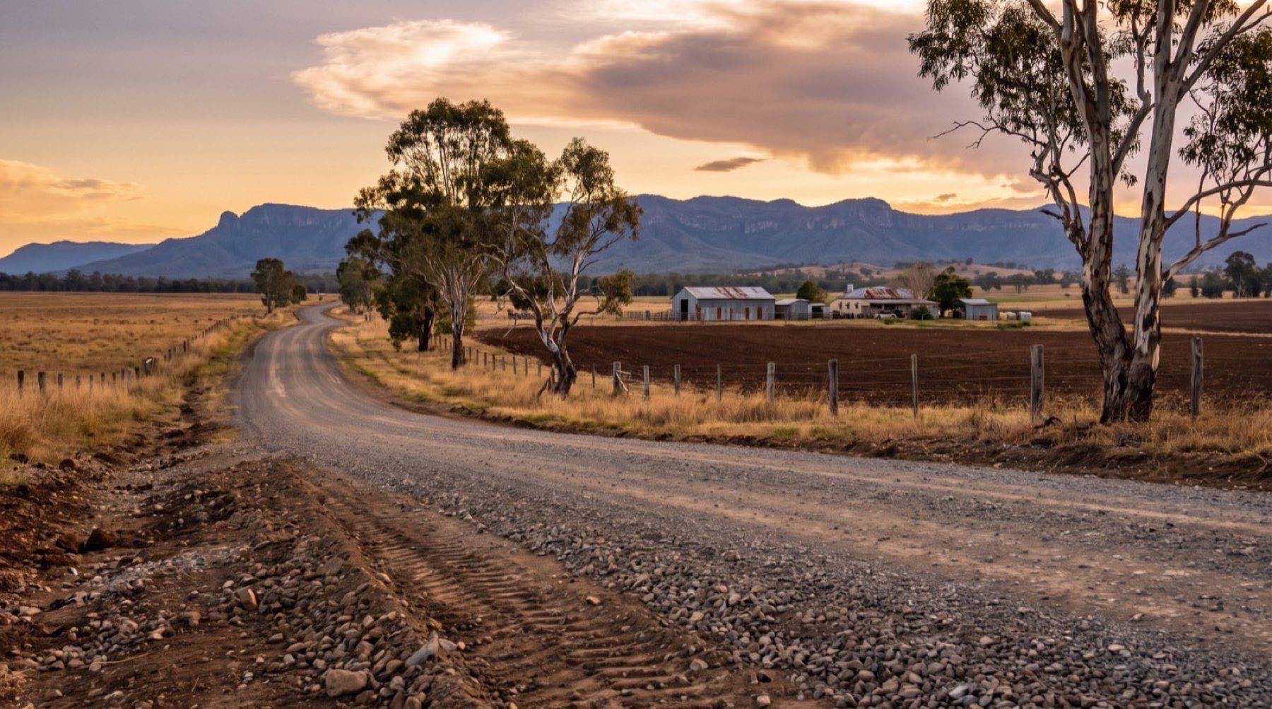 A country road running through farmland at golden hour with a graded gravel shoulder