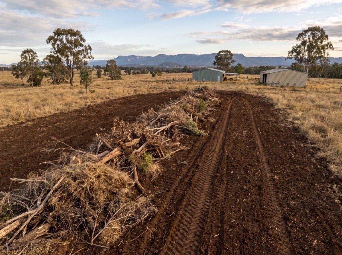 Cleared scrub windrowed into a long heap beside freshly turned ground