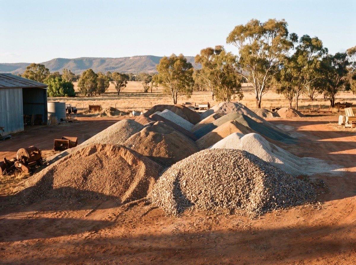Stockpiles of gravel and screened soil in a rural yard