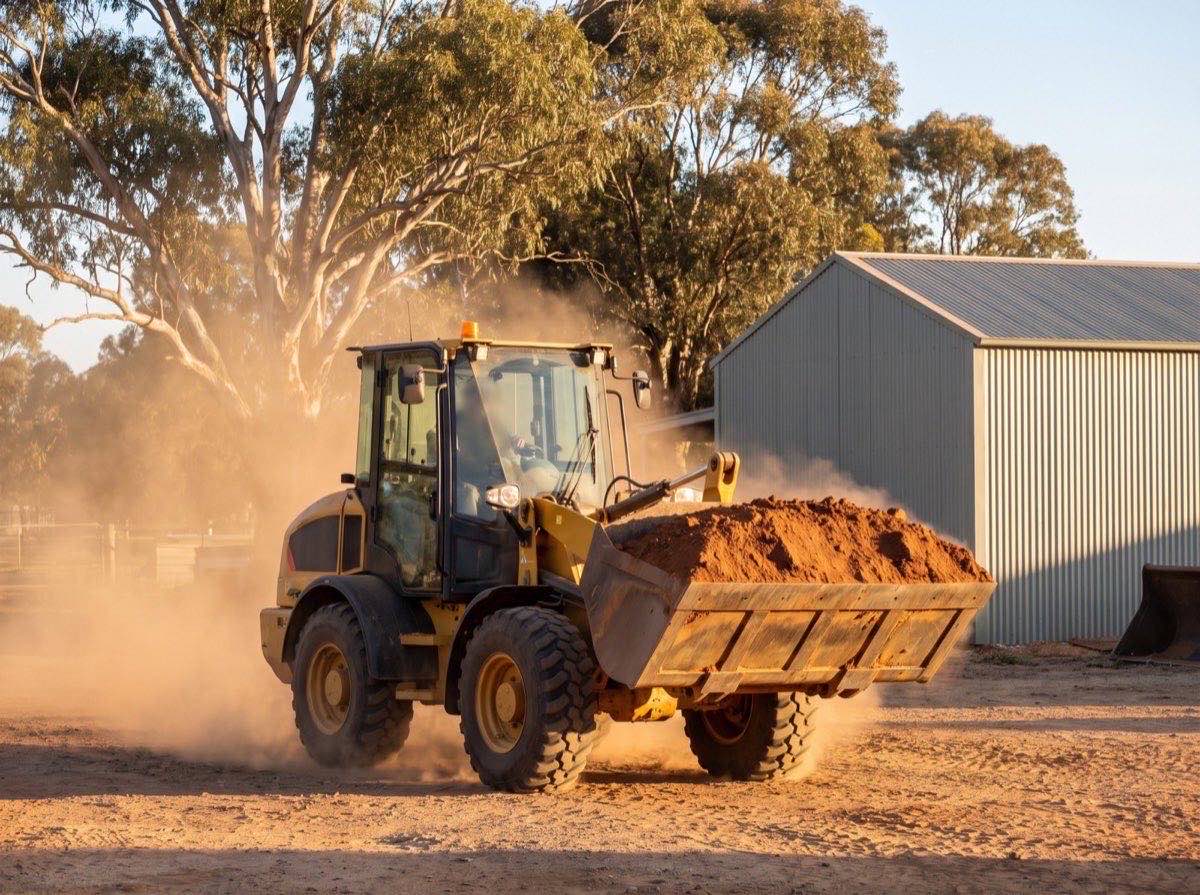 A loader carrying a bucket of soil across a dusty rural yard