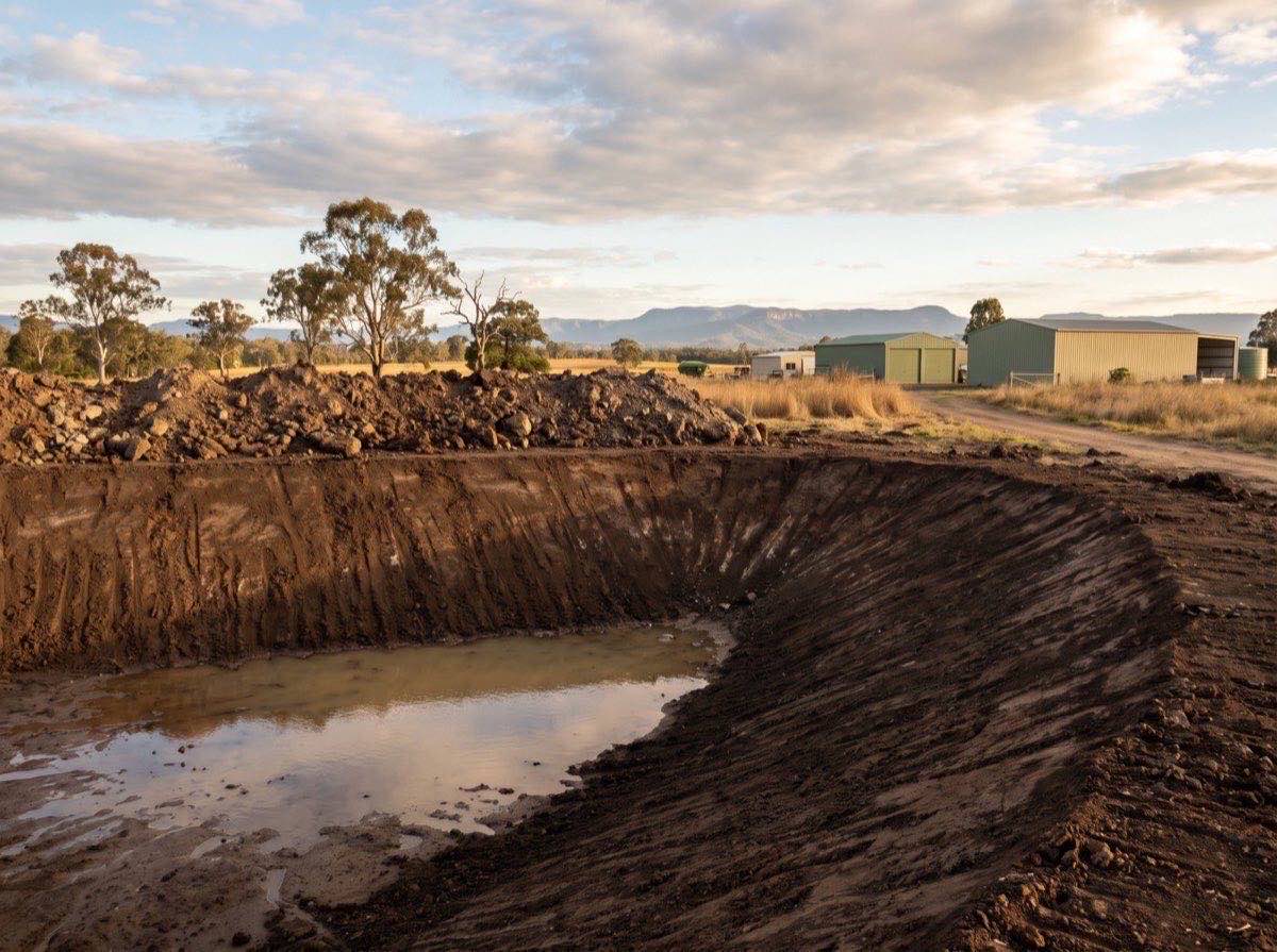 A newly excavated farm dam with freshly cut earth banks and water in the base