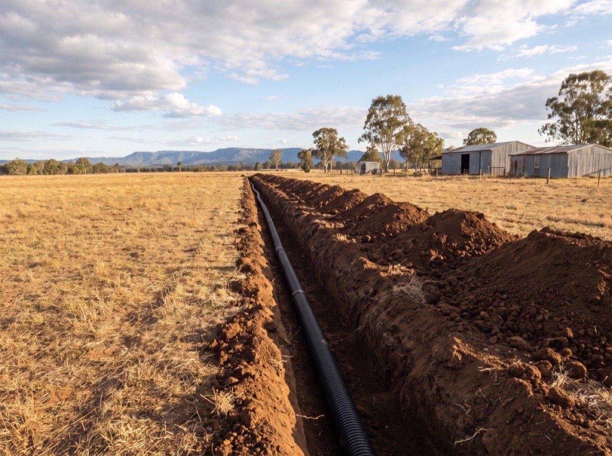 An open trench cut across a paddock with black drainage pipe laid in the base